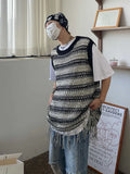 Aidase Striped Mesh Vest for Men Vintage Knit Tank Tops Sleeveless Tee Male Casual Summer Beach Japanese Streetwear Hip Hop