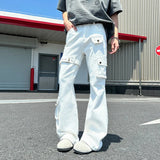 AIDASE  -  Lace-Up Flared Men Jeans American Style High Street Multi-Pocket Cargo Denim Pants Slim Fit Solid Color Trousers 21E6810