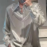 AIDASE  -  Summer Thin Korean Smooth Shirts Men Clothing Solid Lapel Single Breasted Streetwear Fashion Loose Long Sleeve Tops aidase-shop