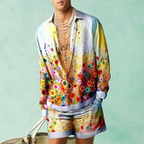 Aidase Fashion 3D Print Two Piece Set Men Long Sleeve Lapel Shirts And Shorts Casual Loose Suits Summer Hawaiian Beach Outfits Male