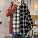 AIDASE  -  Men's Checkered Long Sleeved Shirt Contrasting Color Splicing Design Thin Shirt Jacket American Retro Male Top aidase-shop