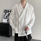 AIDASE  -  New Chinese Style Men's Shirt Summer V-neck Tai Chi Clothing Design Long Sleeved Solid Color Lace-up Male Tops