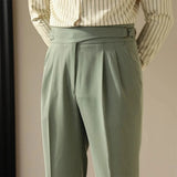 AIDASE  -  Paris Buckle Men's Suit Pants High Waist Slim Fit British Style Vintage Business Casual Straight Leg High Rise Long Trousers aidase-shop