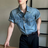 AIDASE  -  Summer New Men's Tide Korean Stylish Elegant Fashion Washed Denim Shirt Chic Casual Short Sleeve Vintage Shirts Tops aidase-shop