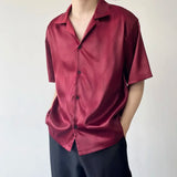 Aidase Summer Men's Stylish Shirt Cuban collar Satin Silk Wine Red Dress Shirts Short Sleeve Tops Wedding Prom Party Holiday Blouse Man