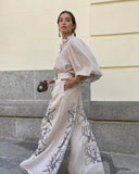 AIDASE  -  Solid Cotton Linen Printed Wide Leg Pants Set Women Casual Daily Bubble Sleeve Shirt Two Piece Suit 2025 New Summer Street Wear aidase-shop