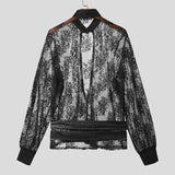 AIDASE  -  Men Shirt Lace Patchwork See Through Long Sleeve Sexy Tops Camisas Streetwear Hollow Out Fashion Men Clothing S-3XL aidase-shop