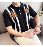 AIDASE  -  Contemporary Men's Polo: White Shirt with Earth-Tone Geometric Lines | Office-to-Outing Versatility M-4XL aidase-shop