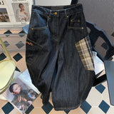AIDASE  -  American Retro Plaid Large ket Workwear Denim orts Men Summer Design Loose Wide Leg Casual Seven-Foot Pants aidase-shop