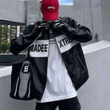 AIDASE  -  Japanese Color Block Jacket for Men Letters Embroidered PU Coats Stand Collar Cuffs Zippered Fake Leather Motorcycle Racing Suit aidase-shop