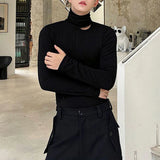 AIDASE  -  Hole High Collar Long-Sleeved T-Shirt For Men Autumn Fashion Slim Solid Color Top Korean Style All-Match Tight Bottoming Shirt aidase-shop