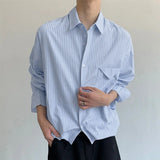 AIDASE  -  Men Striped Shirt Lapel Long Sleeve Loose Casual Men Clothing Streetwear Korean Style Fashion Tops Male Shirts aidase-shop