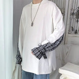 AIDASE  -  Stylish O-Neck Spliced Loose Korean Plaid T-Shirt Men Clothing Spring New Casual Pullovers Long Sleeve All-match Tee Shirt aidase-shop