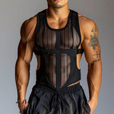 Aidase 2024 Summer Fahsion Patchwork Men Mesh Tank Tops Sexy Slim Fit Hollow Out Mesh Camisole Men Streetwear Casual Solid Color Vest aidase-shop