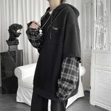 32.85 Aidase Fake Two Piece Plaid Patchwork Black White Oversize Harajuku Korean Fashion Casual Hoodie Long Sleeve Autumn Men Sweatshirt aidase-shop