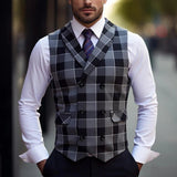 AIDASE  -  Trendy Sleeveless Slim Waistcoats Mens Spring Fashion Lapel Buttoned Plaid Striped Vest Jackets Men Casual Tie-up Suit Coat Male aidase-shop