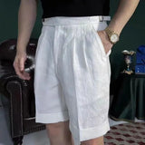 Aidase British Style Men Naples Linen Shorts Paris Waist Buckle Button Knee Length Pant Summer High Quality Casual Loose Short Trouser