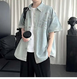 AIDASE  -  Men's Denim Short Sleeve Shirt Inverted Pocket Decoration Short Sleeve Single-breasted Male Shirts Fashion Menswear 21E6523 aidase-shop