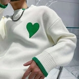 Aidase White Heart Knit Sweater Male Round Collar Graphic Men's Clothing Crewneck Green Pullovers Tops Trend Maletry Fashion X Old
