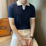 Aidase Spring Summer Fashion Elegant Flip Neck Tees Knitted Casual Versatile Western Commuter Clothing Loose Solid Men's Polo Shirts