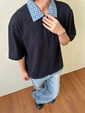 AIDASE  -  Fake Two-piece Men T-shirts Lapel Plaid Design Contrast Color Patchwork Casual Menswear Loose Short Sleeve Male Tees aidase-shop