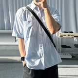 AIDASE  -  Male Shirts Lapel Pocket Design Solid Color Korean Style Summer Short Sleeved Single Breasted Loose Men Tops Simple