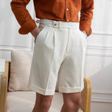 AIDASE  -  Italian Style Naples Shorts Men Summer Seersucker High Waisted Paris Buckle Suit Middle Pants England Business Casual Shorts aidase-shop