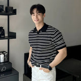 Aidase Summer Men's Casual Business Luxury V Neck Knit Polo Shirt Korean Striped Short Sleeve Retro Breathable Fashion Leisure Knitwear