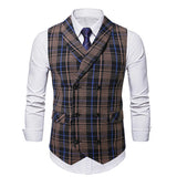 AIDASE  -  Trendy Sleeveless Slim Waistcoats Mens Spring Fashion Lapel Buttoned Plaid Striped Vest Jackets Men Casual Tie-up Suit Coat Male aidase-shop