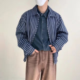 AIDASE  -  Advanced Atmosphere Striped Jacket for Men's Spring Autumn New Korean Niche Lapel Casual Jacket Blue Vintage Zipper Shirt Coats