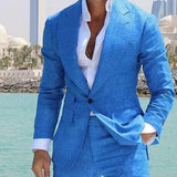 Aidase Costume Summer Linen Blue Beach Wedding Tuxedos Peaked Lapel One Button Groom Wear Formal Best Man Blazer Suits (Jacket+Pants)