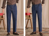 AIDASE  -  Vintage Cotton Men Jeans Suit Pants Elastic High Waisted Straight Trousers British Business Style  Casual Naples Denim Pant aidase-shop