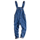 AIDASE  -  Men's stripe printed blue denim bib overalls Suspenders jumpsuits Coveralls Youth jeans aidase-shop