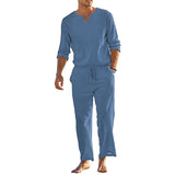 AIDASE  -  Men s Summer Cotton Linen Clothes Solid Color Long Sleeve Henley Shirt Elastic Waist Drawstring Pants 2 Pieces Loungewear Set aidase-shop