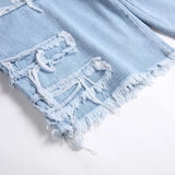 AIDASE  -  Men Fringe Patch Ripped Denim Shorts Summer Patchwork Jeans Casual Loose Straight Knee Length Breeches aidase-shop
