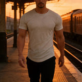 AIDASE  -  Casual Crew Neck Short Sleeve Mens T Shirts Summer Sports Fashion Stretch Slim Pullover Tops Men Vintage Striped Textured Tees aidase-shop