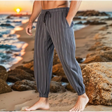 AIDASE  -  Men's Striped Linen Blend Beach Pants Elastic Waist Drawstring Casual Trousers aidase-shop
