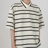 AIDASE  -  Summer Vertical Striped POLO Shirt Irregular Neckline Design Short-sleeved Top Unisex Contrasting Striped T-shirts Elegant Wear aidase-shop