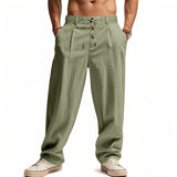 AIDASE  -  Men's High Waist Linen Wide Leg Pants with Button Detail Elastic Drawstring Casual Trousers for Men aidase-shop