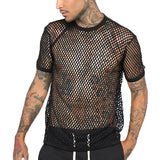Aidase Men Mesh See Through T-Shirt Fishnet Hollow Clubwear Streetwear Perform Male Short Sleeve Undershirt Top Tee 5XL Sexy Rainbow aidase-shop