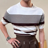 AIDASE  -  Summer Men's Knitted round Ne T-irt Thin ort Sve Breathable Faionable Striped Sea Soul irt Versatile Casual... aidase-shop