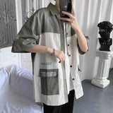 AIDASE  -  College Style Short-sleeved Shirt Men's Casual Loose Hong Kong Style Work Shirt Korean Style Fashion Summer Trend Contrast Top