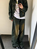 Aidase 90s Retro Skater Men Baggy Jeans Green Wash Adjust-waist Casual Wide Leg Oversize Pants Y2k Trousers Plus Size Clothes