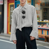 AIDASE  -  Men Shirt Striped Flower Decoration Lapel Long Sleeve Men Clothing With Tie Streetwear Fashion Casual Tops Male Shirts aidase-shop