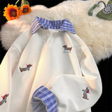 Aidase Plaid Patchwork Fake Two Sweatshirt College Style Puppy Embroidery POLO Collar Sweatshirt Men Women Loose Pullover Tops