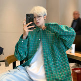 Aidase Harajuku Long Sleeve Plaid Shirts Men Autumn Loose High Street All-match Shirt Gentleman Camisa Check Tops Stylish 5XL-M