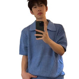 AIDASE  -  Men's Smog Blue Hollow Knit Shirt Japanese Style Simple Loose Short Sleeved T-shirt Summer Lapel Male Top aidase-shop