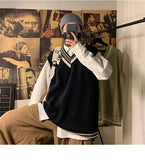 AIDASE  -  Autumn Winter V-neck Knitted Sweater Vest Men Oversized Loose Sleeveless Pullover Tops Men's Korean Warm Sweaters Tank Tops aidase-shop