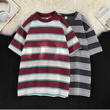 AIDASE  -  Japanese Couple Color-blocking Short-sleeved T-shirt Hong Kong Style Loose Trend Striped Heavy Round Neck Half-sleeved T-shirt aidase-shop