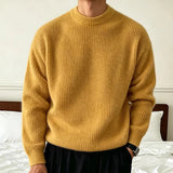 AIDASE  -  Men's Solid Color Knitwear Sweater Spring Autumn Casual Fashion Ribbed Texture Long Sleeve Loose Crew Neck Knit Pullover Sweater aidase-shop